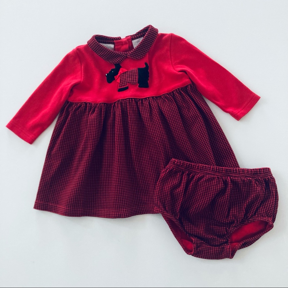 Baby Girl Red Plaid Holiday Christmas Dress Scottie Dog